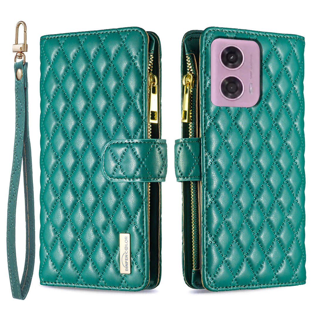 BINFEN COLOR BF Style-15 For Motorola Moto G34 5G Wallet Phone Case Grid Imprinted Cover Zipper Pocket - Green BINFEN COLOR BF Style-15 For Motorola Moto G34 5G Wallet Phone Case Grid Imprinted Cover Zipper Pocket - Green